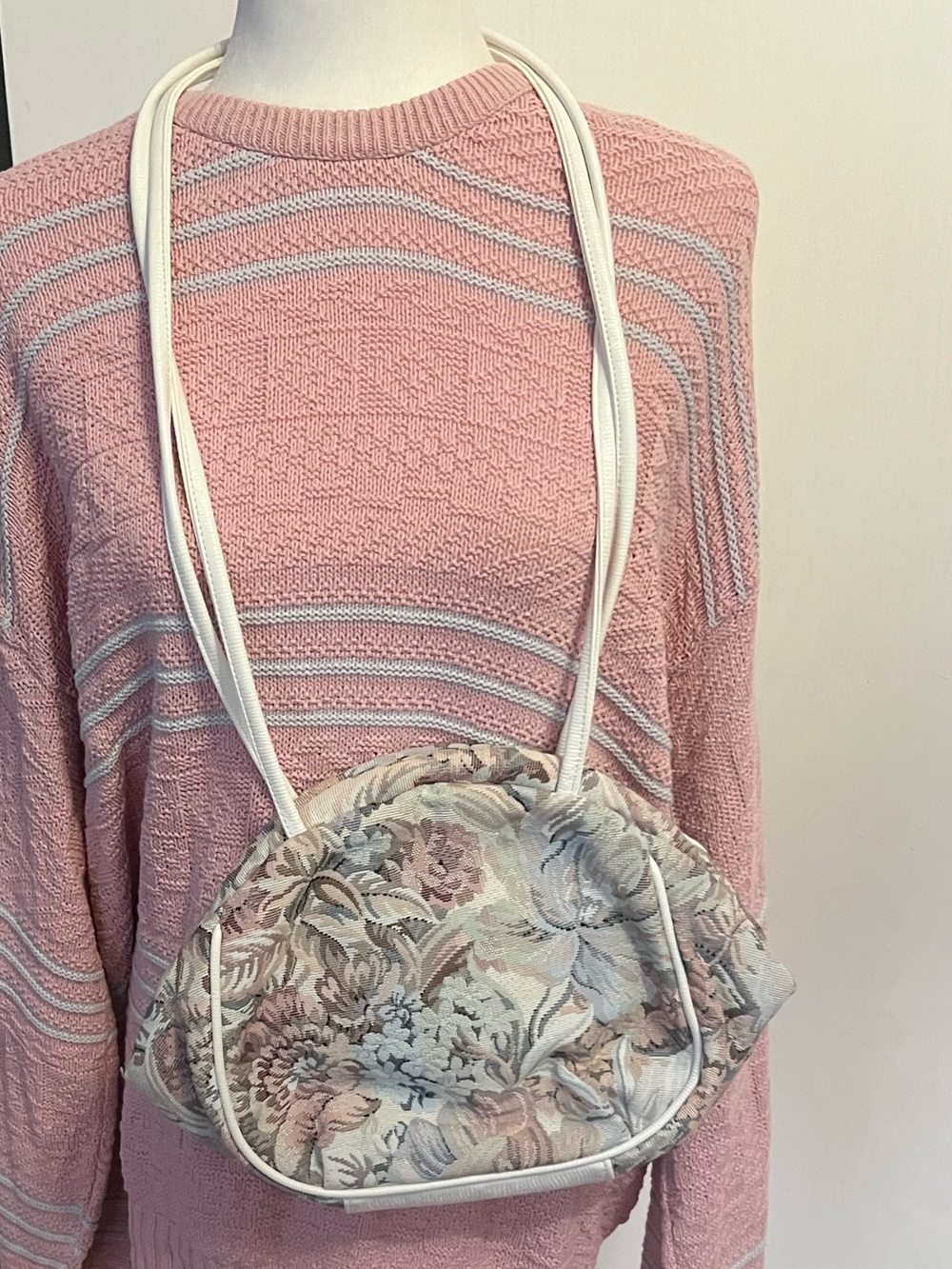 Vintage Floral Tapestry Shoulder Bag, Pinks, Greens & Blues Pastel White Leather